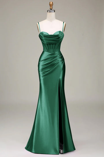 Dark Green Mermaid Spaghetti Straps Corset Satin Prom Dress with Slit